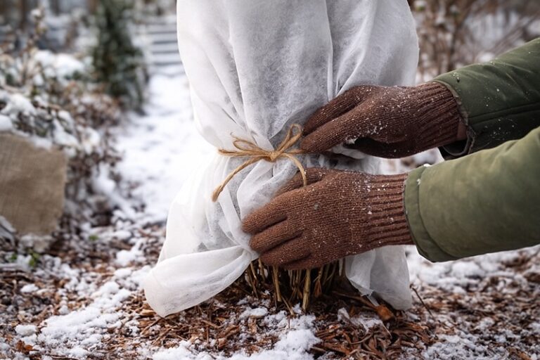 Zbliżenie na ręce w ogrodniczych rękawicach, które okrywają roślinę białą agrowłókniną, przygotowując ją na zimę