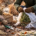 Ogrodnik zabezpieczający krzew przed mrozem przy użyciu agrowłókniny, z narzędziami ogrodowymi i roślinami doniczkowymi na tle zimowego ogrodu