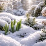 Ogród zimą z roślinami pod śniegiem – zielone pędy i krzewy chronione przez warstwę śniegu w naturalnym zimowym krajobrazie