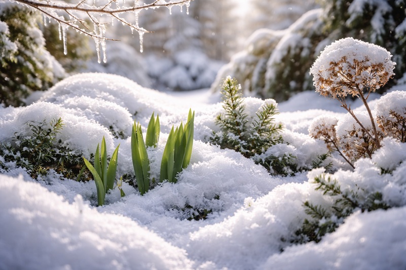 Ogród zimą z roślinami pod śniegiem – zielone pędy i krzewy chronione przez warstwę śniegu w naturalnym zimowym krajobrazie