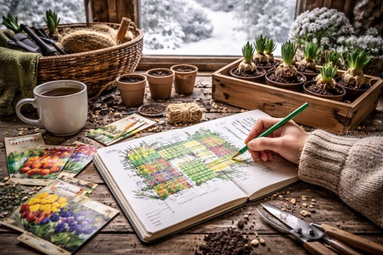 planowanie ogrodu zimą – notatnik z planem nasadzeń, doniczki z roślinami i narzędzia ogrodnicze przy oknie z zimowym widokiem