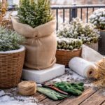 Taras zimą z zabezpieczonymi donicami i roślinami, śnieg na nawierzchni, osłonięte pojemniki oraz spokojna zimowa aranżacja balkonu