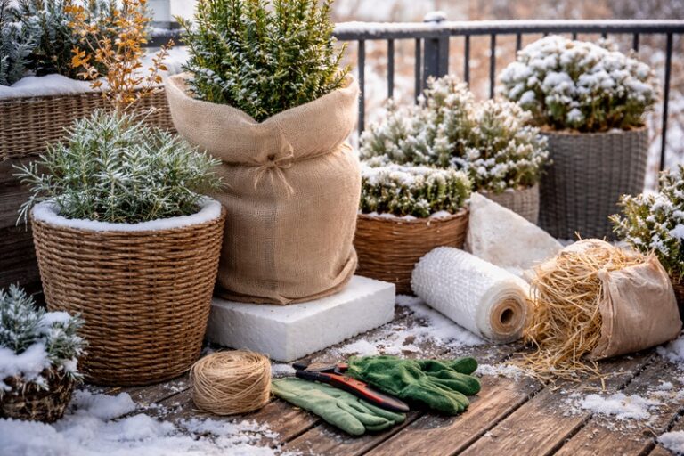 Taras zimą z zabezpieczonymi donicami i roślinami, śnieg na nawierzchni, osłonięte pojemniki oraz spokojna zimowa aranżacja balkonu