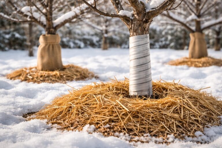drzewa owocowe zimą zabezpieczony pień młodego drzewa osłonięty słomą i matą na śniegu