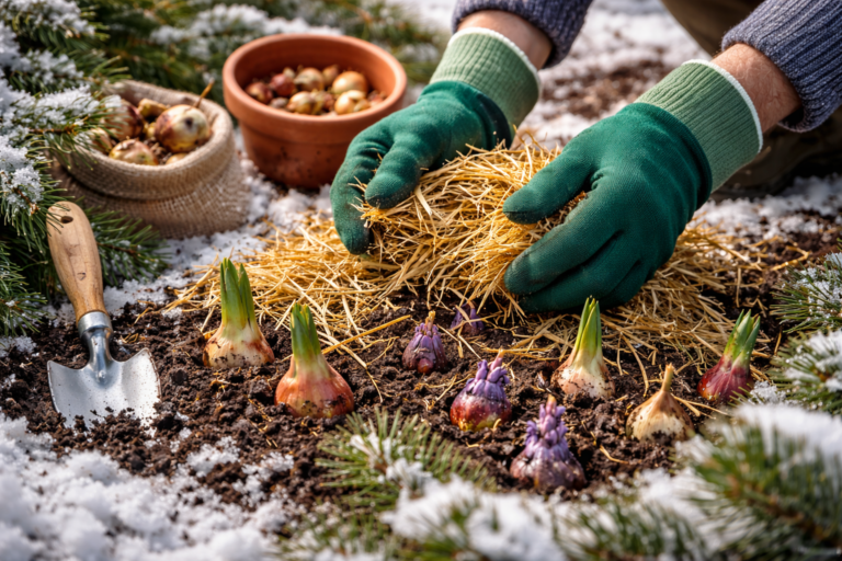cebule kwiatowe zimą przykrywane warstwą słomy w ogrodzie podczas mroźnej pogody