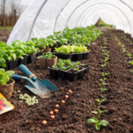 Wczesnowiosenny ogród warzywny z wysianymi warzywami w marcu pod osłoną tunelu foliowego
