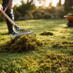 Usuwanie mchu z trawnika za pomocą grabi w ogrodzie