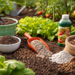 Różne nawozy ogrodnicze przygotowane do użycia na grządce warzywnej wiosną