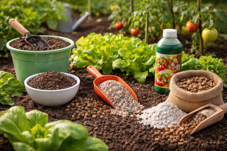 Różne nawozy ogrodnicze przygotowane do użycia na grządce warzywnej wiosną