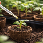 Młoda rozsada pomidora nawożona płynnym nawozem w doniczce torfowej