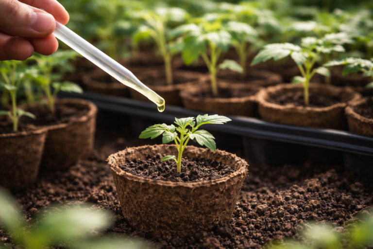 Młoda rozsada pomidora nawożona płynnym nawozem w doniczce torfowej