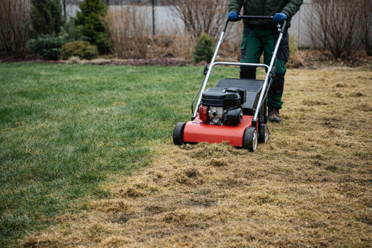 Wertykulacja żółtego trawnika po zimie w ogrodzie przy domu