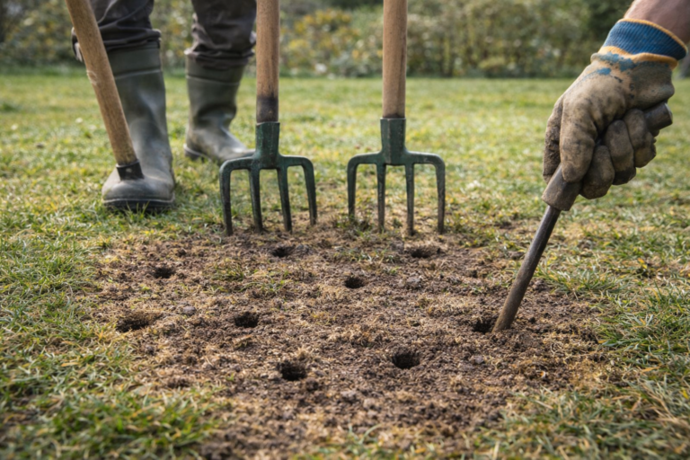 Napowietrzanie trawnika widłami i ręczne nakłuwanie gleby w ogrodzie