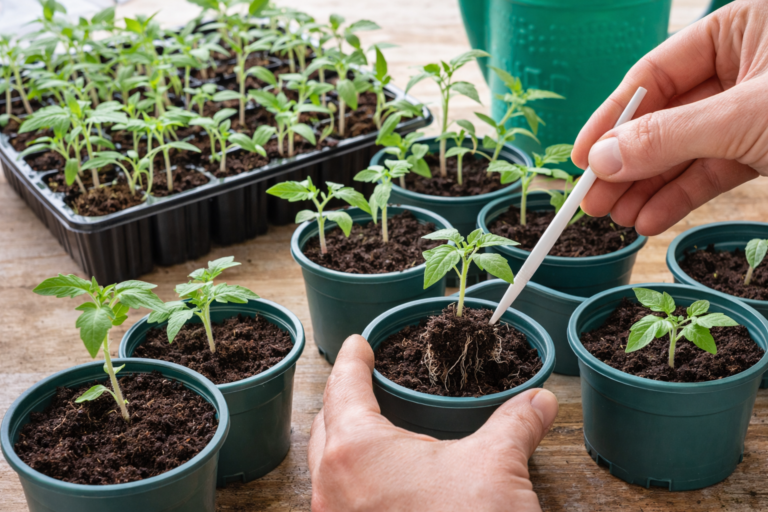 Przesadzanie młodych sadzonek pomidorów do osobnych doniczek podczas pikowania