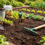 Przygotowana grządka warzywna z pulchną ziemią i narzędziami ogrodniczymi wiosną