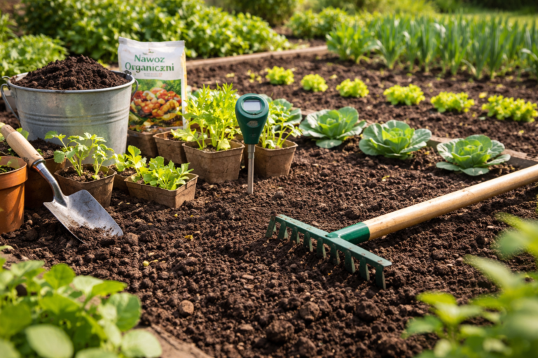 Przygotowana grządka warzywna z pulchną ziemią i narzędziami ogrodniczymi wiosną