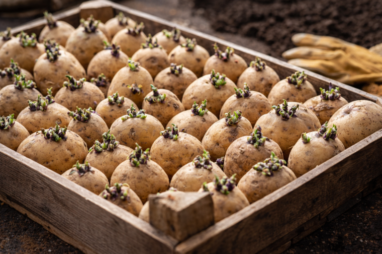 Podkiełkowane sadzeniaki ziemniaka przygotowane do sadzenia w ogrodzie