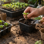 Pikowanie młodych sadzonek warzyw do doniczek na stole ogrodowym