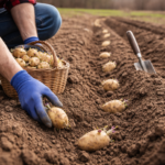 Ogrodnik sadzi podkiełkowane ziemniaki w przygotowanej glebie na grządce