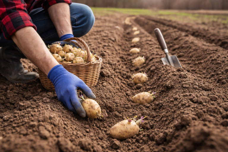 Ogrodnik sadzi podkiełkowane ziemniaki w przygotowanej glebie na grządce