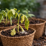 Zwiędnięta rozsada pomidorów w doniczce z objawami choroby siewek