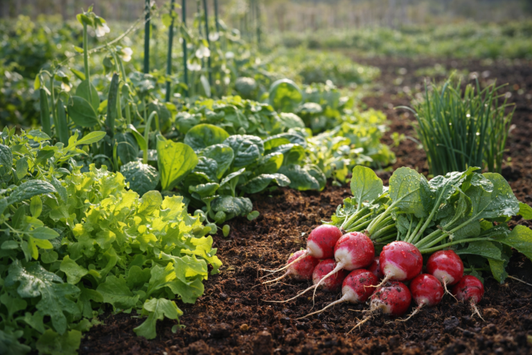 Młode warzywa liściowe i rzodkiewki rosnące na wiosennej grządce w ogrodzie