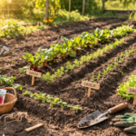 wysiew warzyw w ogrodzie wiosną, przygotowana grządka i świeżo zasiane nasiona w kwietniu