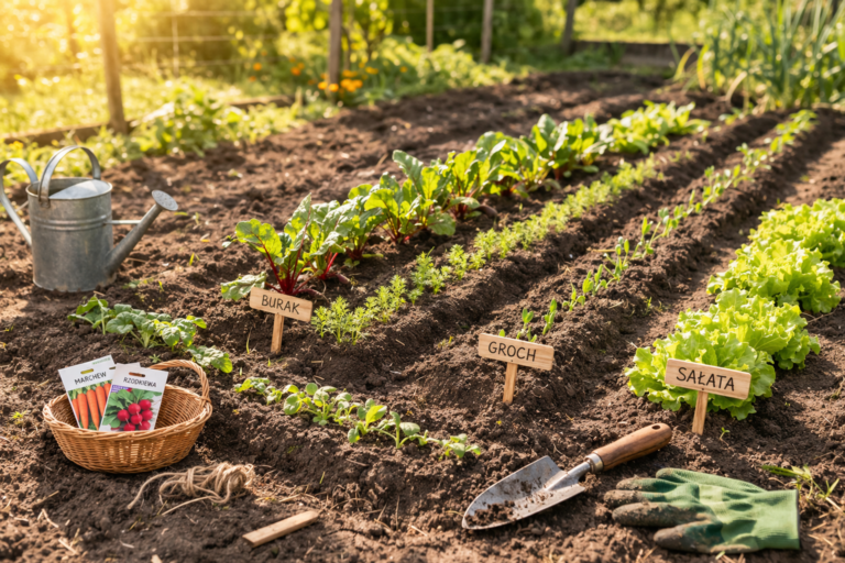 wysiew warzyw w ogrodzie wiosną, przygotowana grządka i świeżo zasiane nasiona w kwietniu