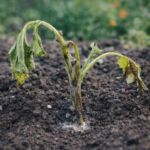 Zwiędła roślina z oznakami gnicia w wilgotnej ziemi po posadzeniu