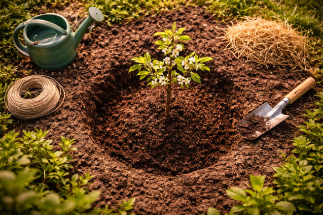 jak sadzić drzewka owocowe młoda sadzonka w ziemi ogród wiosną