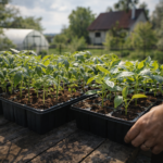 młode sadzonki warzyw hartowane na zewnątrz w skrzynkach ogrodowych