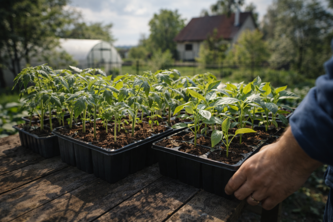 młode sadzonki warzyw hartowane na zewnątrz w skrzynkach ogrodowych