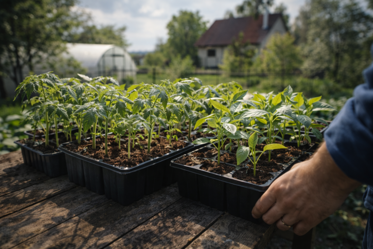 młode sadzonki warzyw hartowane na zewnątrz w skrzynkach ogrodowych
