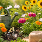 kolorowe kwiaty jednoroczne w ogrodzie z narzędziami ogrodniczymi