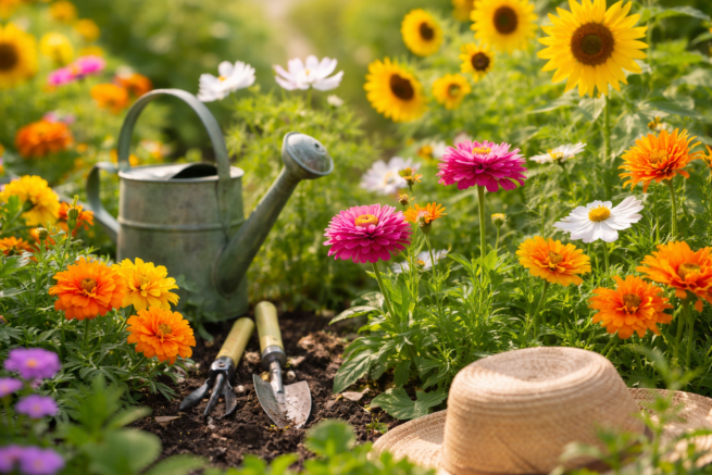 kolorowe kwiaty jednoroczne w ogrodzie z narzędziami ogrodniczymi