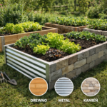 różne rodzaje podwyższonych grządek wykonanych z drewna metalu i kamienia w ogrodzie