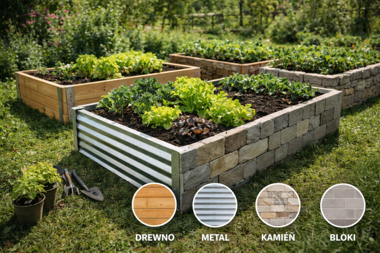 różne rodzaje podwyższonych grządek wykonanych z drewna metalu i kamienia w ogrodzie