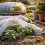 Rośliny ogrodowe zabezpieczone agrowłókniną przed przymrozkami o poranku