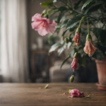 Opadające pąki hibiskusa na parapecie, zwiędłe kwiaty i opadłe płatki na stole w naturalnym świetle