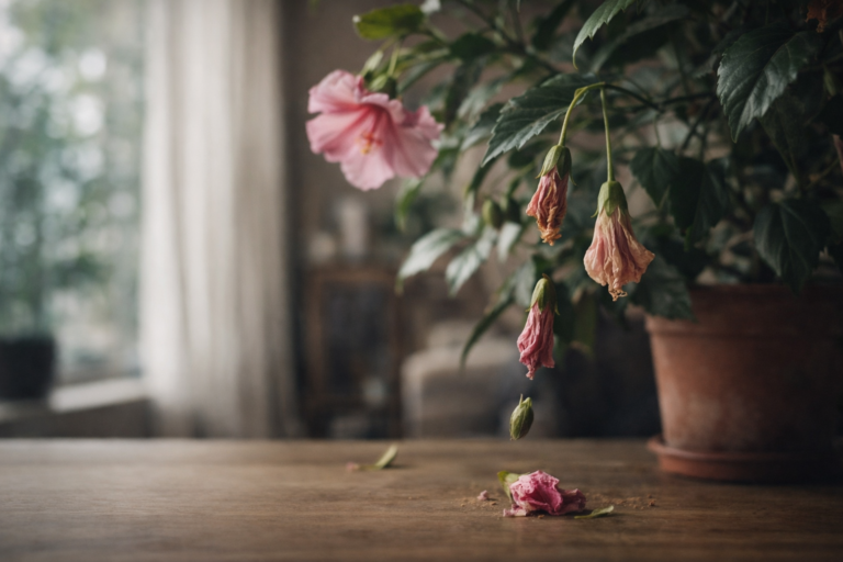 Opadające pąki hibiskusa na parapecie, zwiędłe kwiaty i opadłe płatki na stole w naturalnym świetle