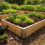 budowa podwyższonej grządki z drewnianych desek w ogrodzie