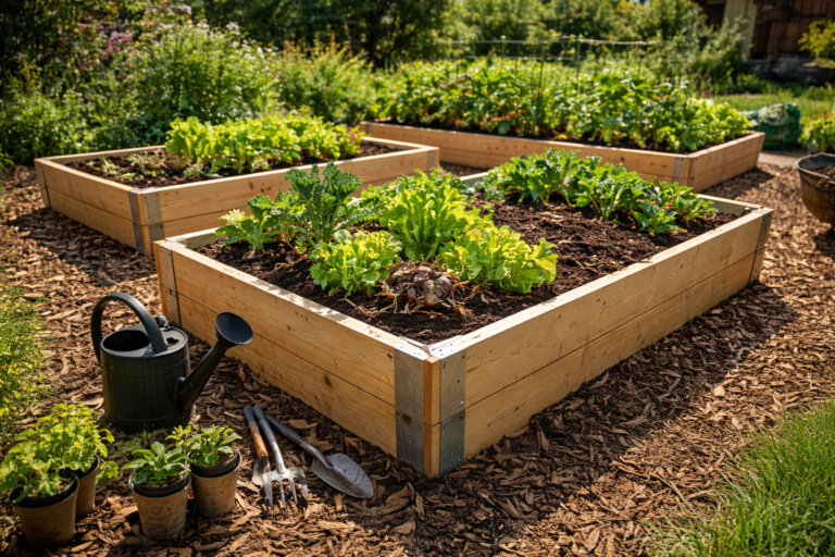budowa podwyższonej grządki z drewnianych desek w ogrodzie
