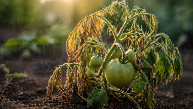 pomidory słabo rosną zwiędła roślina pomidora w ogrodzie