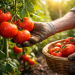 Dojrzałe pomidory zbierane z krzaka w ogrodzie, symbol wysokich plonów dzięki dobrze przygotowanej glebie