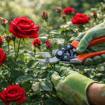 przycinanie czerwonych róż sekatorem w ogrodzie wiosną