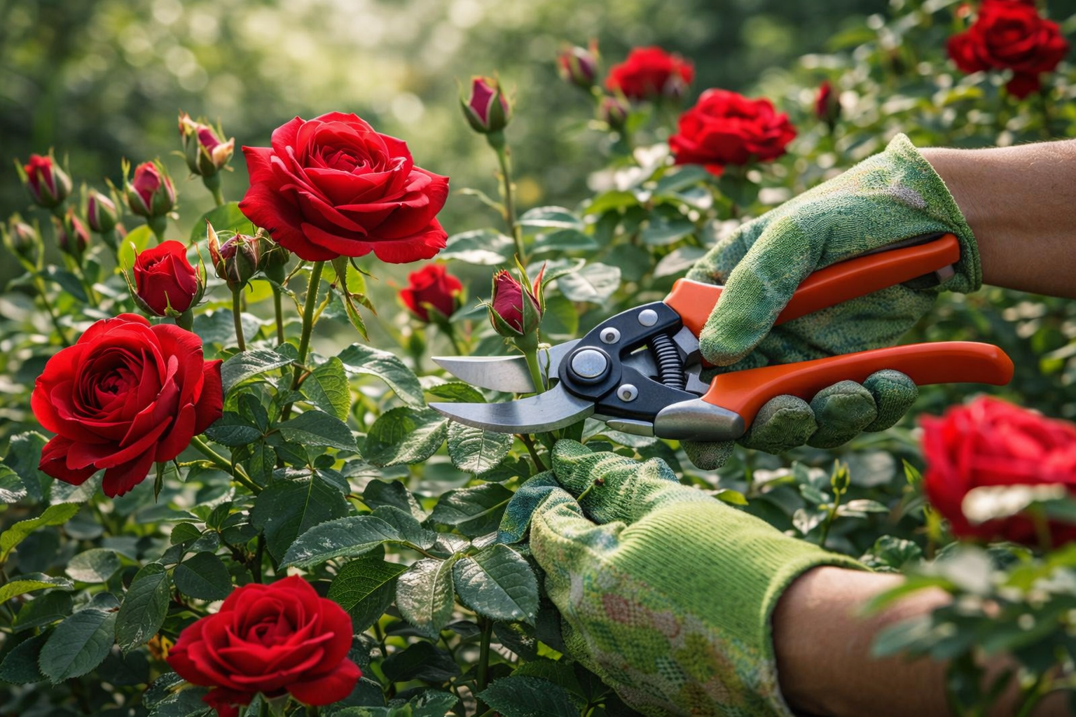 przycinanie czerwonych róż sekatorem w ogrodzie wiosną