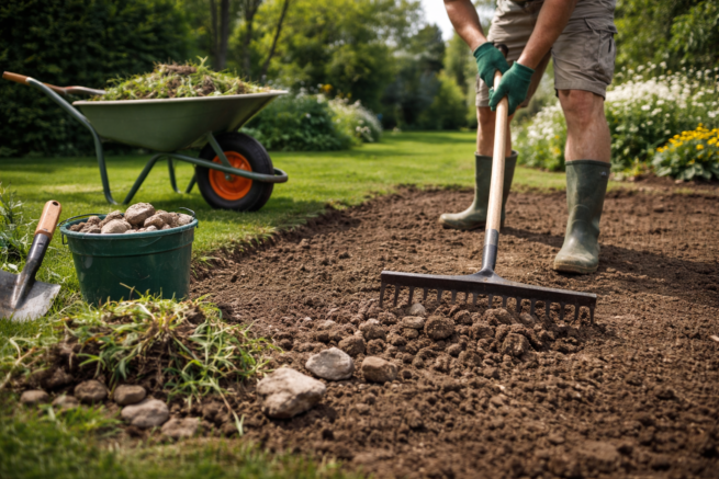 przygotowanie gleby pod trawnik grabienie i usuwanie kamieni w ogrodzie