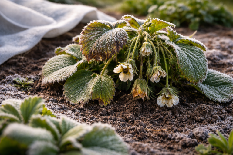 roślina uszkodzona przez przymrozki szron na liściach ogród