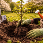 sadzenie drzewa owocowego wiosną ogród młoda sadzonka w ziemi