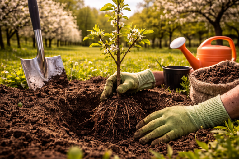 sadzenie drzewa owocowego wiosną ogród młoda sadzonka w ziemi